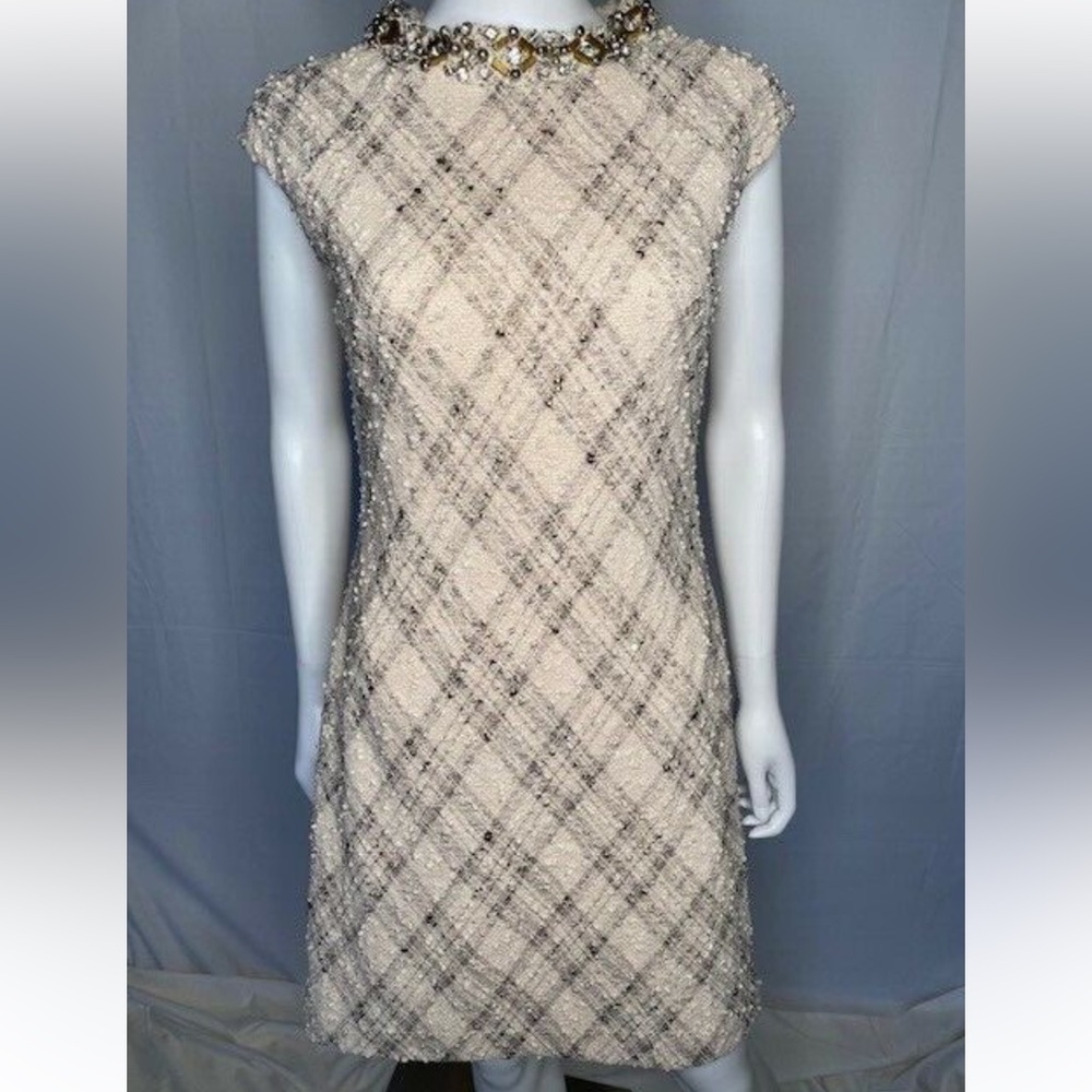 Vince Camuto Cream Plaid Jewel neck Sequin Dress